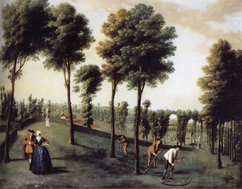 Hartwell House,North west area of the gardens with two bastions and men Scything, unknow artist